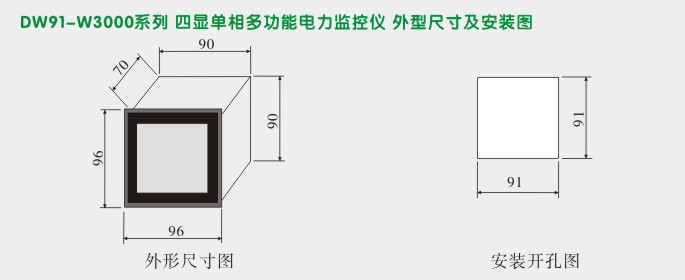 多功能电力仪表,DW91-3000单相多功能表外形尺寸及安装图