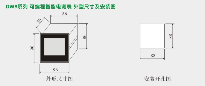 三相数字电流表,DW9三相电流表外形尺寸及安装图