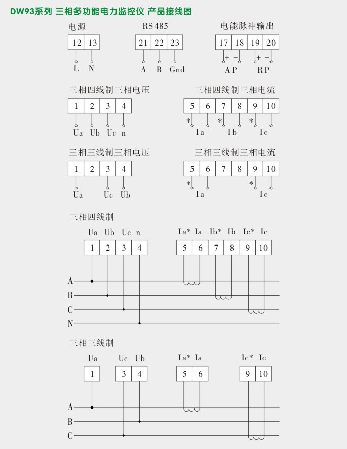 多功能电力仪表,DW93-1000三相多功能表接线图